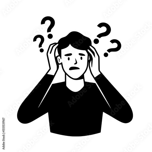 A man is portrayed in a state of contemplation, torn between two choices, as he navigates through a complex problem, ultimately reaching a conclusion, in a minimalist design set against a white