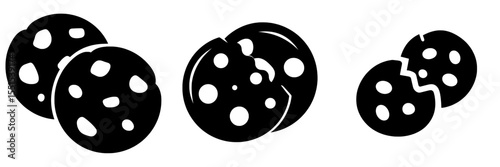 Two chocolate chip cookies represent an icon of chocolate cake set against a white background, depicted in a simple and modern illustration style as a bitten cookie silhouette that can also serve as