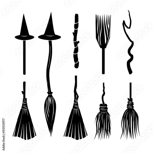 A collection of unique halloween witch brooms set against a white backdrop