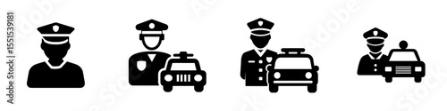 A collection of police icons is available, including a policeman, patrol, police car, and police station, all isolated on a white background