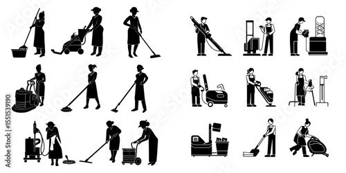 The Industrial Cleaning Service Line Icons set includes illustrations of cleaning equipment, cleaners, and maids with cleaning tools like mops and detergents, suitable as design elements for