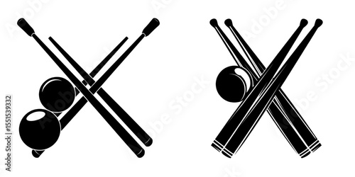 Modern illustration featuring isolated billiard cue and ball silhouettes on white, including crossed cues, for use in designing logos, badges, banners, and labels with a vintage twist