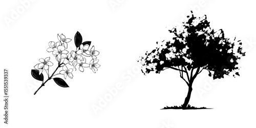 For landscape and architectural drawings, a modern watercolor image of a blooming flower, tree, or forest viewed from the side, isolated on white, provides useful elements for environment and garden