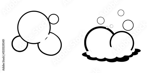 A modern icon set featuring cartoon bubble soap for laundry, shampoo, water soda, and blue foam bath, characterized by an effervescent and gas-filled ball design, isolated on a white background with