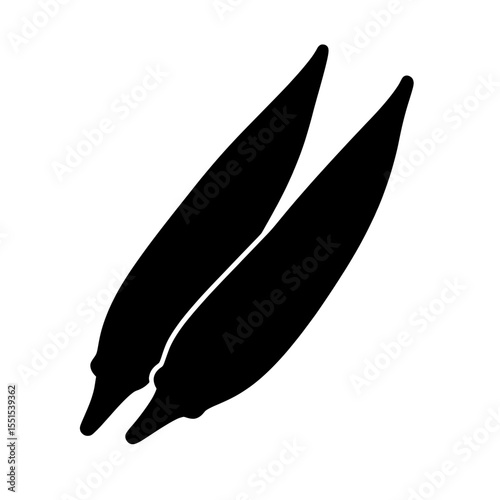 A black pictogram of okra on a plain white background forms a modern silhouette icon, illustrating the green healthy vegetable in a distinctive cartoon flat art style