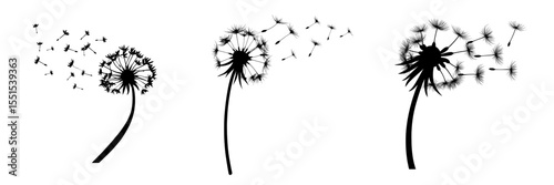 The contemporary depiction of a dandelion in its prime, with dark seeds dispersing through the air, and a lone dandelion set against a white backdrop, its seeds being swept away by the breeze