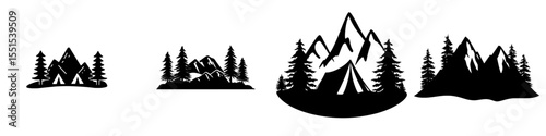 Modern logo illustration featuring a black silhouette of mountains and fir trees set against a white background in a panoramic camping landscape