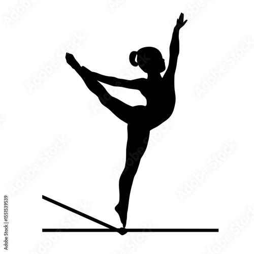 A modern sports illustration on a white background features the silhouette of female athletes participating in gymnastics, specifically on the balance beam, uneven bars, and floor, for a world