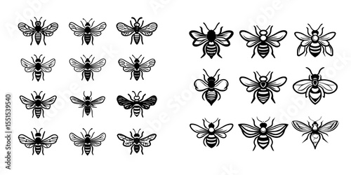 A set of linear honeybee clipart featuring doodle bees in a modern illustration style isolated on a white background with simple hand-drawn beekeeping design elements