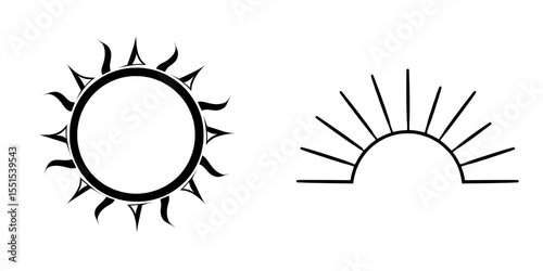 The sun is depicted in a continuous one line art drawing, symbolizing a summer sun contour line sign, presented as a modern illustration isolated on white
