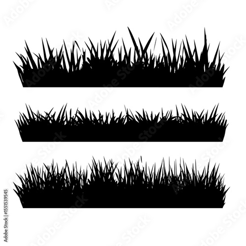 A white background isolates a set of grass lines, cad, and silhouettes, which are utilized as ground cover, an illustration for architectural elements in elevation, particularly a side view of a