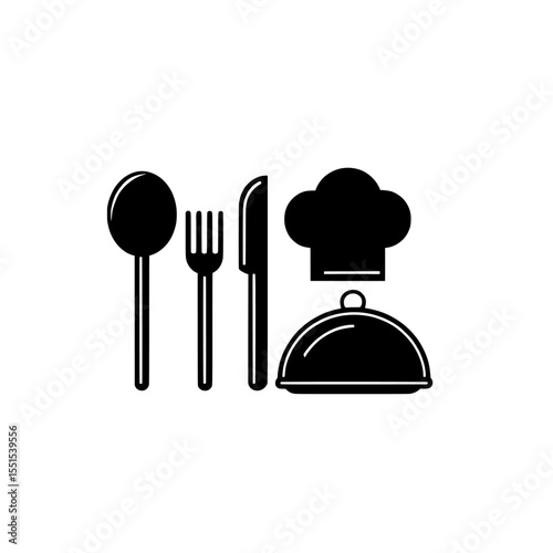 The icon set features cutlery and dinnerware, such as fork, spoon, and knife, along with a chef hat, cloche or tray, and is presented in a modern line and flat style for restaurant signs