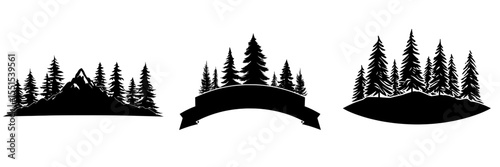 Modern illustration banner depicting a nature outdoor adventure travel landscape panorama of forest woods hill mountains peak with green silhouette of spruce and fir trees isolated on white