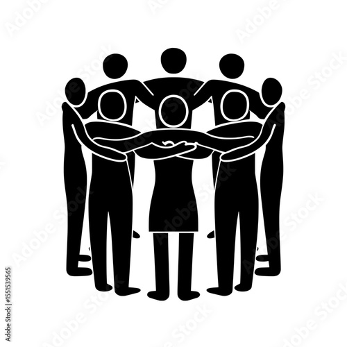 A modern flat graphic illustration on a white background depicts a community of people hugging, representing a connected and united crowd, gathered in a circle, which embodies the concept of