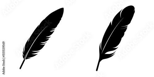 A black feather pen creates elegant writing curves in the shape of a quill silhouette on a white background