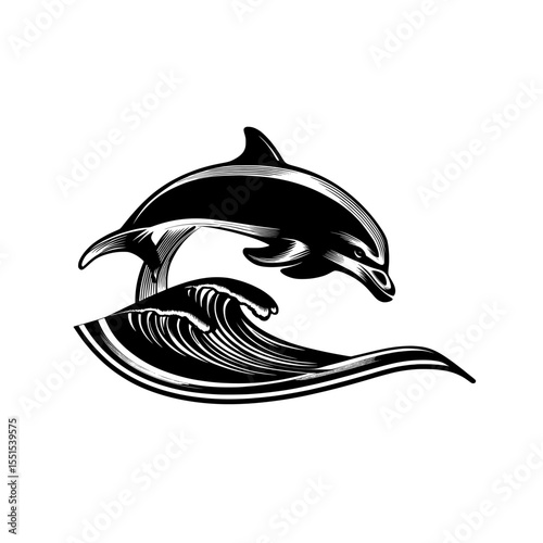 This logo template showcases a modern, monochrome illustration of a dolphin jumping atop a wave, all set against a crisp white background
