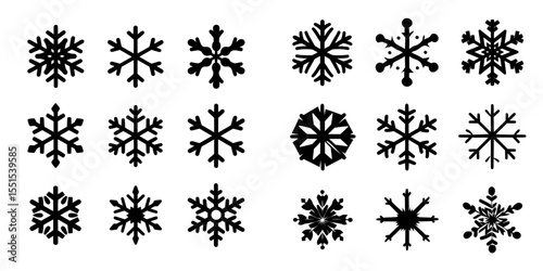 A collection of blue snowflake icons are isolated on a white background