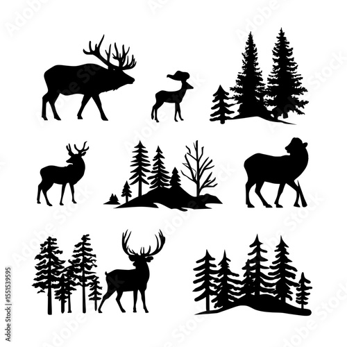 The black silhouette illustration features wild forest animals, deer, and fir spruce trees, in a panoramic landscape of a camping adventure and wildlife hunting scene, suitable for a modern logo,
