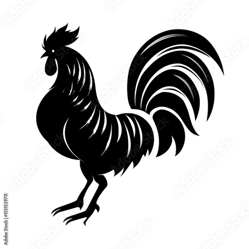 Image of a rooster with bright plumage standing alone on a white background, created in a modern style