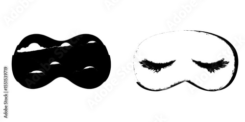 Isolated on a white background, a blue sleep mask with a closed eyes pattern is presented in a flat, modern illustration style
