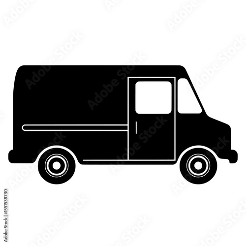 A modern isolated silhouette of a classic delivery van or food truck is presented on a white background