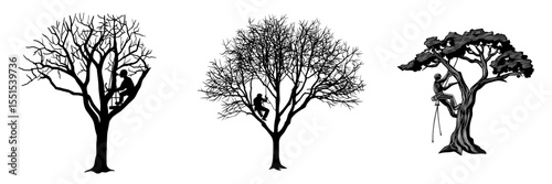 A hand-drawn tree featuring a climber set against a white background, with the theme of tree pruning, presented in modern format