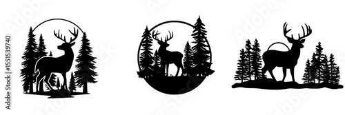 A stylized icon of wild deer and forest fir trees in black silhouette, juxtaposed with a dramatic sun, representing a panoramic landscape of wildlife adventure and hunting, designed as a modern logo