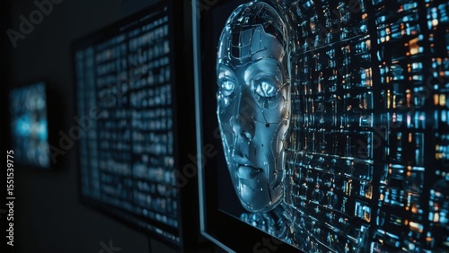 Robot Head Displayed on Monitor with Data Stream in the Background