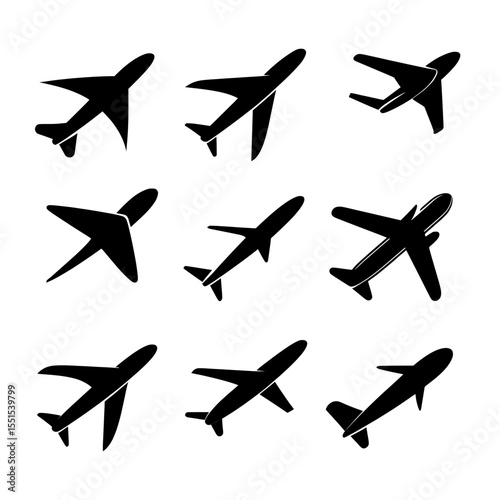 This set includes a modern collection of aircraft icons, such as airplane illustrations, signs, and plane symbols or logos