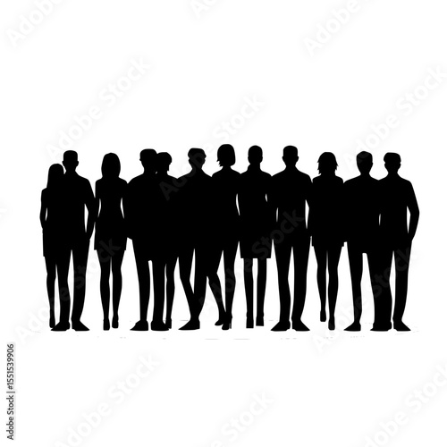 A modern illustration, characterized by flat lines and minimal detail, shows a group of people standing from behind, isolated on a white background