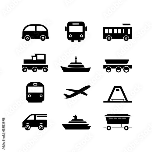 A collection of modern transport icons has been created, featuring a range of transportation methods including auto, bus, train, ship, plane, and pedestrian travel