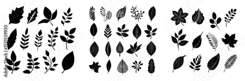 A modern assortment of green leaves, comprising a diverse set of graphical elements with varied leaf designs in multiple shapes and sizes, set against a white background in a flat design style