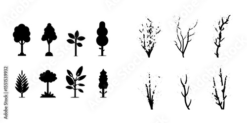 A set of isolated garden green plants, including a tree, shrub, and shrubbery, is depicted in a simple and abstract modern illustration as a flat cartoon on a white background, serving as an eco