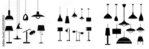 A contemporary assortment of indoor lighting fixtures includes pendant lights, ceiling lights, spotlights, wall lights, table lamps with shades, reading lamps, and floor lamps, all depicted in a flat