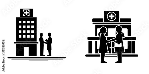 Illustration of a hospital in a flat modern style, with a doctor talking to a patient, isolated on white, conveying concepts of medical care and healthcare facilities