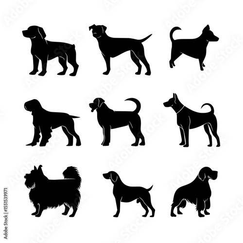 Silhouettes of different dog breeds set against white