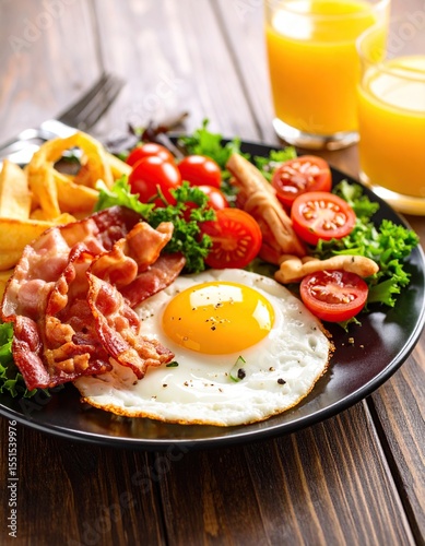 Delicious Breakfast Fried Egg with Bacon, and Salad.