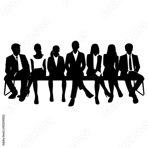 Contemporary outlines of males, females, and teens seated on a bench, varied postures, a cluster of corporate individuals, black hue on a white backdrop