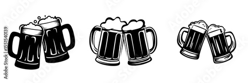 A modern icon of two beer mugs cheering is isolated on a white background