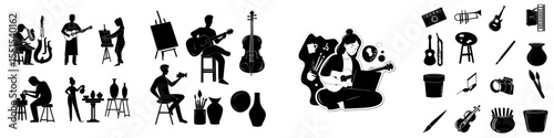 A collection of creative art and craft hobbies is presented, including music, photography, painting, pottery, and ceramics, featuring modern artists, designers, ceramists, musicians, and