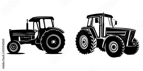 Modern illustration of a tractor silhouette featuring an old black tractor on a white background