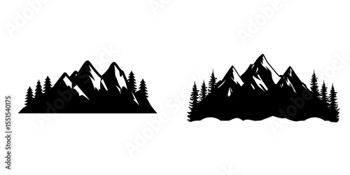 A mountain range and forest in silhouette, set against a white background, in a modern design style