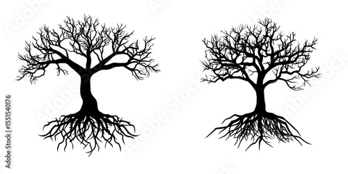 Yggdrasil, a tree with extensive roots, is showcased in a contemporary setting against a plain white background, generated through advanced AI illustration techniques