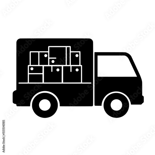A cargo truck containing boxes is depicted, showcasing freight delivery transport with an open door, revealing cardboards and goods ready for shipment in a commercial consignment and supply setting,
