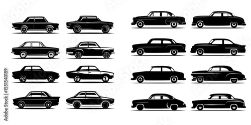 A collection of retro car silhouettes is available, featuring a large pack of modern designs on a white background