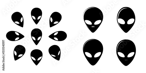 Modern silhouette designs of alien figures are set against a clean white background in a large pack