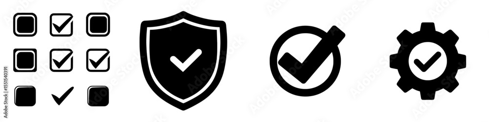 A set of editable stroke outline icons for quality assurance and control is presented in a flat, modern style on a white background, with pixel-perfect rendering at 64 x 64 resolution