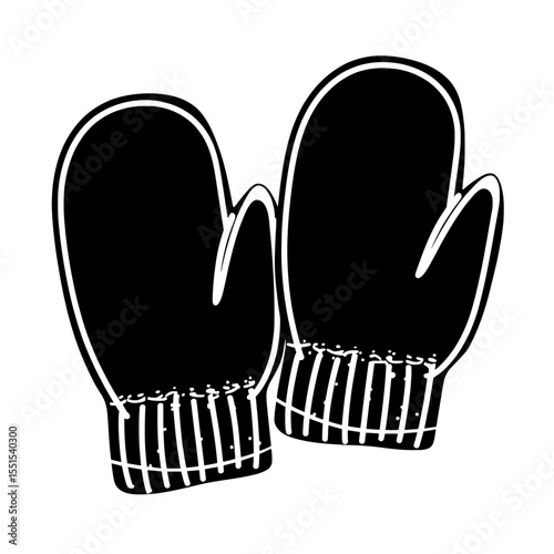 A modern winter illustration on a white background showcases a mittens silhouette set symbolizing winter cartoon gloves as an icon