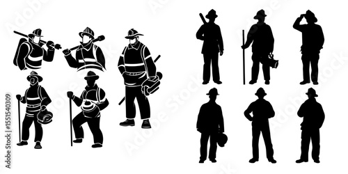 A set of firefighter silhouettes with modern equipment on white