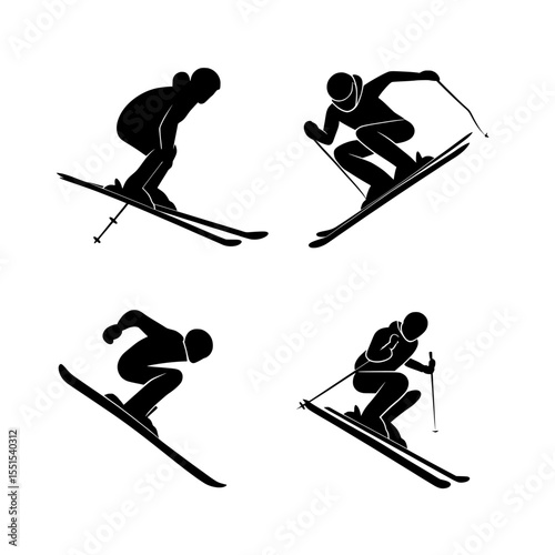 A modern illustration, isolated on a white background, showcases a collection of sportsmen engaged in extreme winter outdoor activities, depicted in a cartoon design, highlighting youth competition